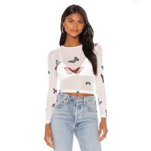 superdown White Butterfly Print Long Sleeve Top